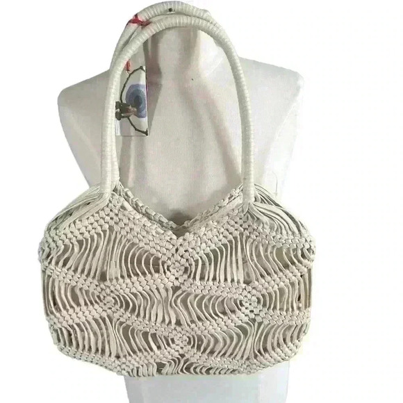 London Kaye Crochet Hobo Bag Shoulder Ivory Macrame Western Boho Tote Coastal - Picture 1 of 5